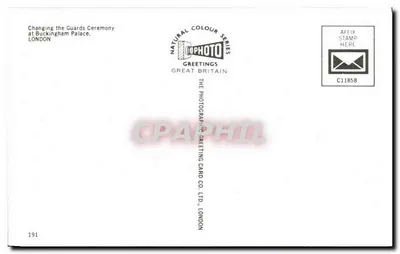 Zmiana straży honorowej — Pałac Buckingham — The Photographic Greeting Card Co. Ltd., Londyn, nr C11858 — Rewers