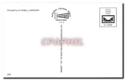 Piccadilly de Noche, Londres — serie Natural Colour, editor The Photographic Greeting Card Co. Ltd. n°189 — Reverso