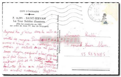 Wieża Solidor — oświetlona — Wydawnictwo M. Cuérin, nr P. 14.591 — Rewers