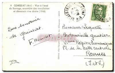Genissiat (Ain) — Vista a jusante da barragem e desaguador na margem direita (1948) — Edição « La Cigogne » Lyon — Verso