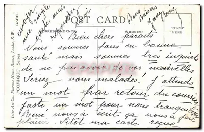 Enfant pensif — enfant en robe verte à motifs blancs, assis sur un tabouret, tenant un papier, avec une tasse à café à ses pieds — éditeur Golden Boyward Young — Verso