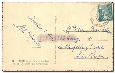 Szczyt i lodowce Chabrioules — Luchon — Cirque du Lys — Wydawca: Lénauche bracia — N° 92 — Rewers