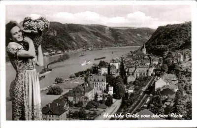 St. Goar am Rhein — vista panorâmica do Reno com mulher em vestido segurando um cesto — editor: Schöning-Verlag