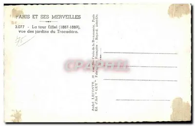 Wieża Eiffla — widok z ogródka Trocadéro — André Leconte, n°3.077 — Rewers