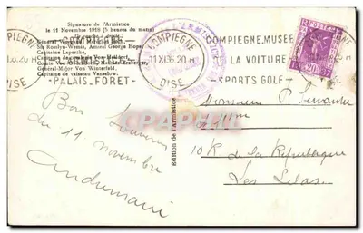 Stara pocztówka Compiegne Podpis armistyszu 1918 Militaria — Rewers