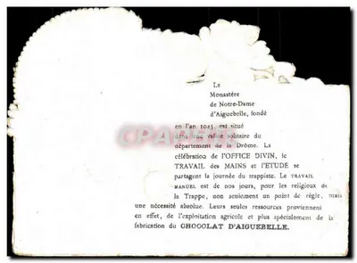 Mosteiro de Nossa Senhora d'Aiguebelle — Drôme — Editado pela Chocolaterie d'Aiguebelle — Verso