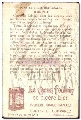 Menthe — Plantes Utiles Médicinales — La Lithographie Parisienne, Série de 25 sujets N° 4 — Verso