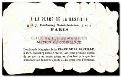 Vue hivernale avec oiseau et rose — A LA PLACE DE LA BASTILLE, 5 et 7, Faubourg St-Antoine, éditeur non visible — Verso