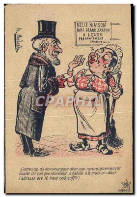 Caricatura de um homem e de uma mulher diante de uma afiche de locação — P. Malarch