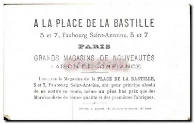 Na Praça da Bastilha — 5 e 7, Faubourg St-Antoine — Chromos A. Bourdin, 191 Paris — Verso