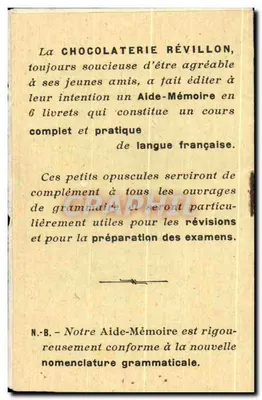 Imagem Ajudante de Memória Língua Francesa Chocolate Revillon Fleury Gromollard Liceu Ampère Lyon — Verso