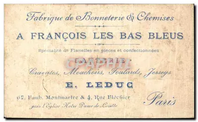 Chromo Romance Sentimentale A Francois les Bas bleus Ganterie Leduc FAubourg Montmartre Paris Katedra Notre Dame Pianino — Rewers