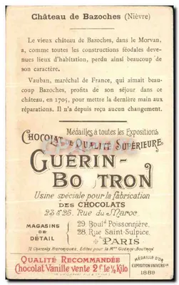 Zamek Bazoches (Nièvre) — reklama czekolady Guérin-Boutron — nr 68 — Rewers