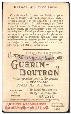 Zamek Guillaume (Indre) — ilustracja zamku wsiękłego — Chocolat Guérin-Boutron, N° 67 — Rewers