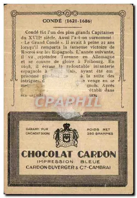 Louis II de Condé — książę Condé, kapitan XVII wieku — Chocolat Cardon — Rewers
