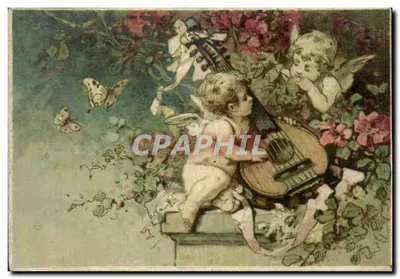Cupido tocando violão — dois anjos em um jardim florido — editor desconhecido