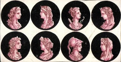 Oito retratos femininos em busto — oito figuras em rosa sobre fundo preto — sem editor ou número visível