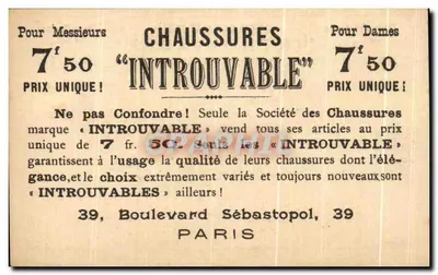 Calçados 'Introuvable' — Publicidade parisiense — Sociedade dos Calçados Introuvables, 39, Boulevard Sébastopol, Paris — Verso