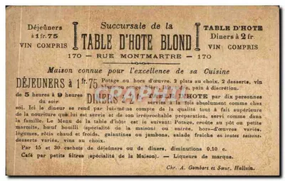 Succursale de la TABLE D'HOTE BLOND — rue Montmartre, 170 — Paryż — Rewers