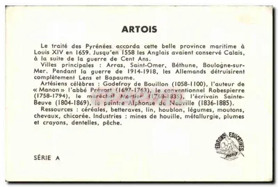 Artois — Província marítima concedida a Luís XIV em 1659 — Éditions Éducatives Paris, Série A — Verso