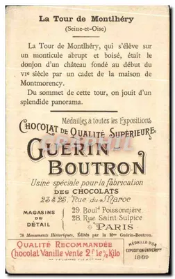 La Tour de Montlhéry — tour en pierre sur monticule boisé — Chocolat Guérin-Boutron, N° 47 — Verso