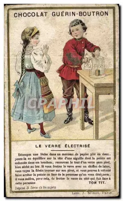 Dzieci bawiące się z elektryzowanym szkłem — Czekolada Guérin-Boutron — Lith. J. Minot, Paryż, nr 84