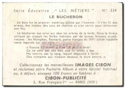 El leñador — Serie Educativa 'Los oficios' N° 554 — Cibon-Publicité — Reverso