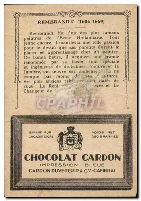 Rembrandt — Holenderski malarz — Chocolat Cardon, Cambrai — Rewers
