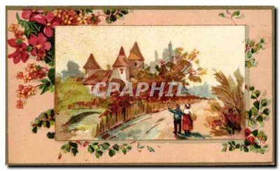 Castelo com ponte — decoração floral — carta postal antiga