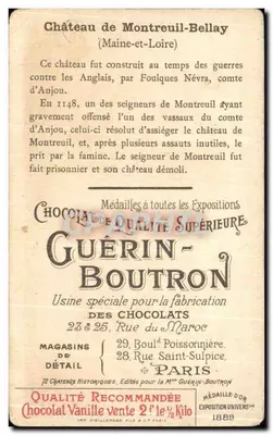 Château de Montreuil-Bellay — vue du château et de ses remparts — éditeur Chocolat Guérin-Boutron, n° 63 — Verso