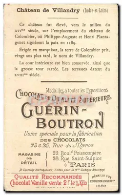 Castelo de Villandry (Indre-et-Loire) — Chocolat Guérin-Boutron — N° 45 — Verso