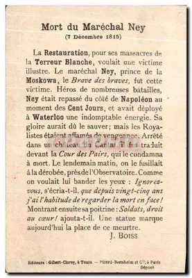 Mort du Maréchal Ney — scène de son exécution devant le château du Cantal — éditeur Gibert-Clarey, à Tours — Verso