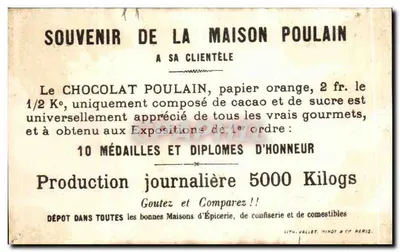 Cinco crianças em trajes de soldados — propaganda para o chocolate Poulain — editor: LITH. VALLET, MINOT & CIE, PARIS — Verso