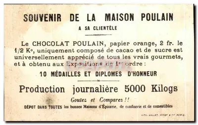 Chocolate Poulain — propaganda com criança e pássaros — Vallet, Minot & Cie, Paris — Verso