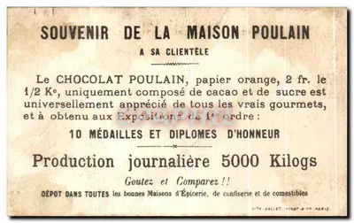 Trois enfants pêchant — scène publicitaire pour le chocolat Poulain — éditeur IMPRIMÉ SUR LA CARTE — Verso