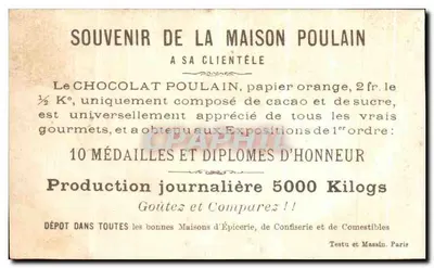 Duas rãs em traje de criados — propaganda para o chocolate Poulain — editor Testu e Massin, Paris — Verso