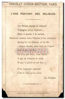 L'Âne portant des Reliques — scène de fable — éditeur LITH. VIEILLEMARD ET SES FILS, RUE DE LA GLAURIÈRE, 14, PARIS — Verso