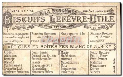 Enfant en uniforme — scène de promotion de biscuits — éditeur Lefèvre-Utile, Nantes — Rewers