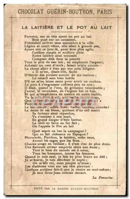 La Laitière & le Pot au lait — scène champêtre avec village et vaches — éditeur LITH. VIEILLEMARD ET SES FILS, RUE DE LA GLACIÈRE, 16 PARIS — Rewers