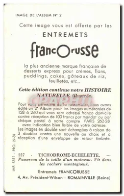 Tichodrome-Echelette — ptak w locie — Entremets Francorusse nr 227 — Rewers