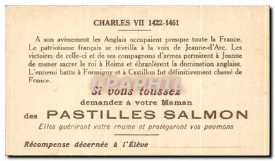 Charles VII — król Francji 1422-1461 — karta reklamowa dla Pastilles Salmon — Rewers