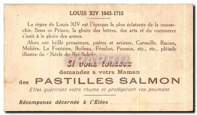 Luís XIV — Reinado 1643-1715 — Carta publicitária para Pastilhas Salmon — Verso
