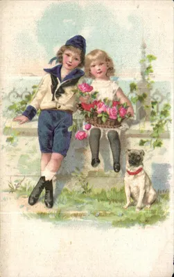 Crianças e cachorro — cena bucólica — Alphonse Leroux, Orchies (Nord)