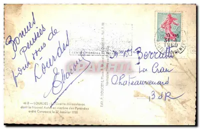 Stara pocztówka Lourdes Grotta Cudowna z nowym ołtarzem — Rewers
