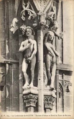 Estátuas de Adão e Eva na Torre de Beurre — Catedral de Rouen — C.P. 65