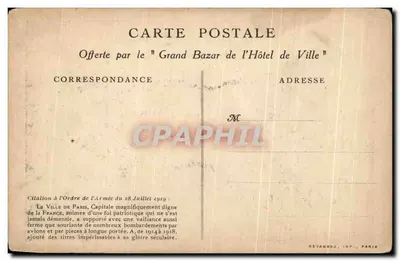 Stara pocztówka Paryż Wyróżnienie za Order Armii z 28 lipca 1919 Hotel de ville — Rewers