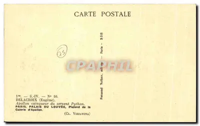 Apolo vencedor de la serpiente Pitón — Palacio del Louvre, Galería de Apolo — Delacroix (Eugène) — editor Fernand Nathan, París, n° 358 — Reverso