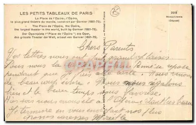 Stara pocztówka Les Petits Tableaux De Paris La Place De l'Opera L'Opera — Rewers