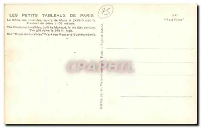 Dôme des Invalides — Paris — éditeur MONA, n°1123 — Verso