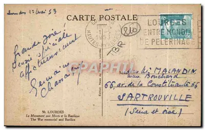 Lourdes — El Monumento a los Caídos y la Basílica — Edición París del Monde — Reverso